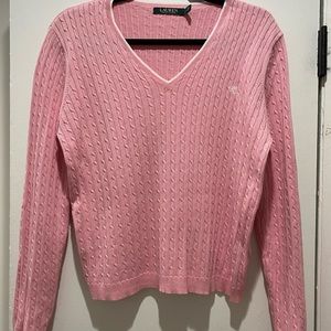 “Lauren” by Ralph Lauren Cable Knit V-Neck Pink Sweater
